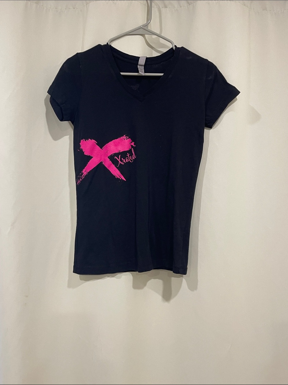 Next Level Apparel Black V-Neck Tee with Hot Pink Brush X